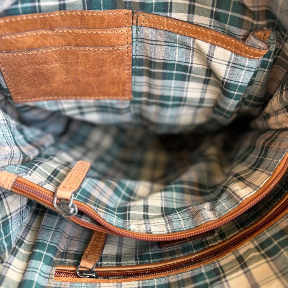 Wild West Los Angeles Leather Backpack Plaid Lining Buckle Pocket